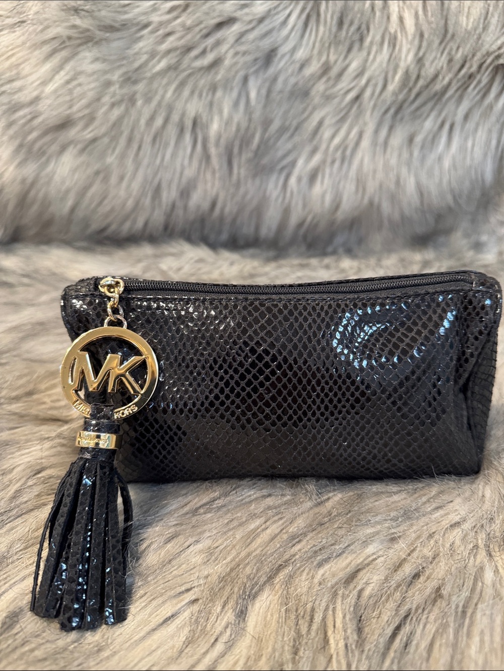 MICHEAL Michael Kors Black Cosmetic Pouch with Gold MK Charm